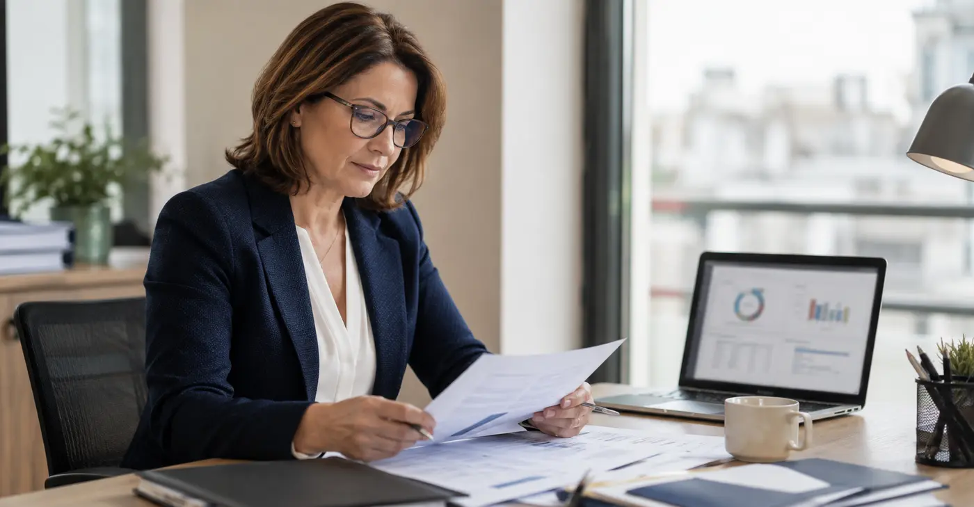 Professionnelle analysant des documents comptables de copropriété dans un bureau